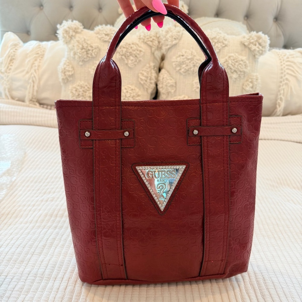 GUESS Y2K Burgundy Monogram Hand Bag Signature Silver Triangle Rhinestone Logo - Picture 8 of 15